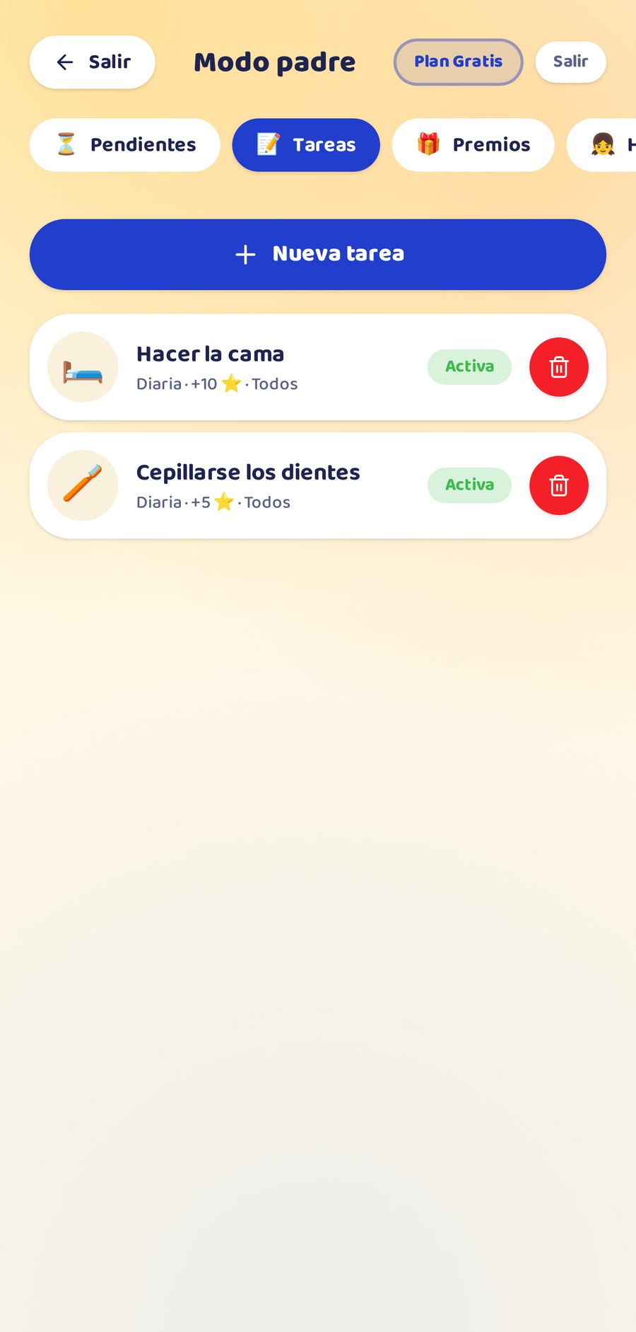 Modo padre de TareasHéroes con la lista de tareas, puntos y estado activo